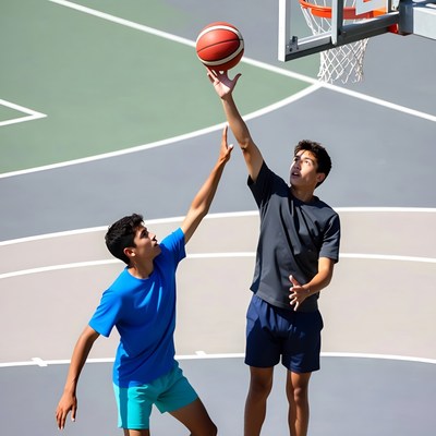 Two boys jumping for basketball