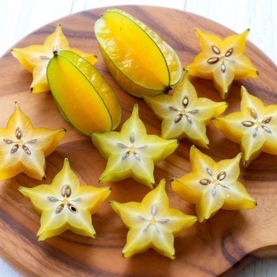 Sliced Starfruit on Wooden Board