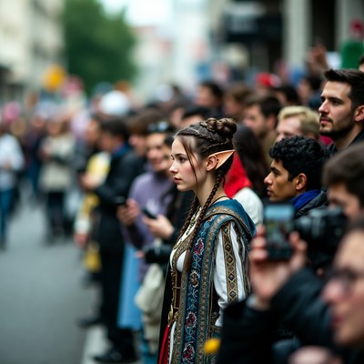 Elf woman in fantasy costume at street crowd