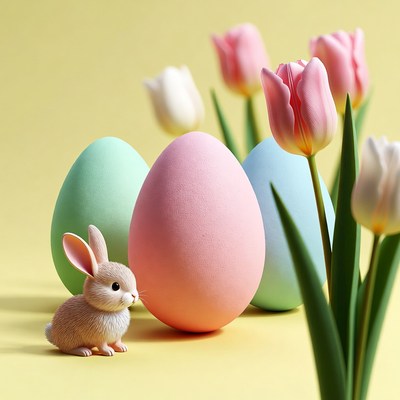 Cute bunny with Easter eggs and tulips