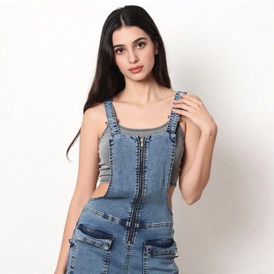 Woman in blue denim overalls