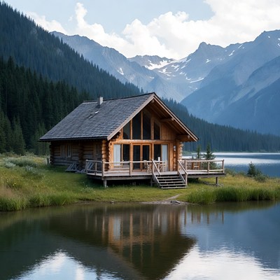 Log cabin by mountain lake