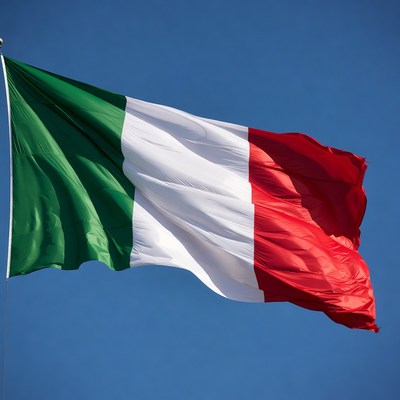 Italian Flag Waving in Blue Sky