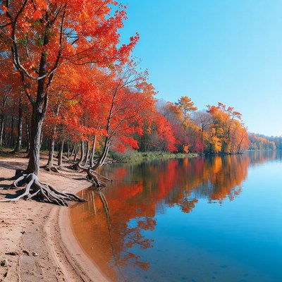 Autumn Trees by Lakeside Shore