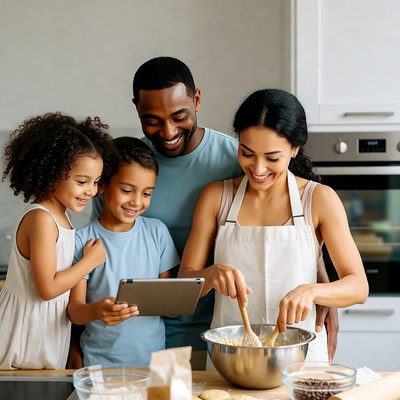 African-American family baking cookies together