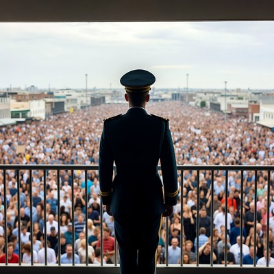 Military officer viewing massive crowd