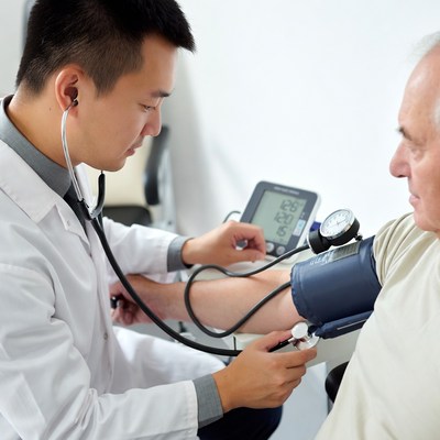 Asian doctor checking elderly man's blood pressure