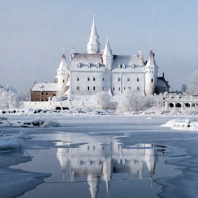 Snowy White Castle Reflected in Ice