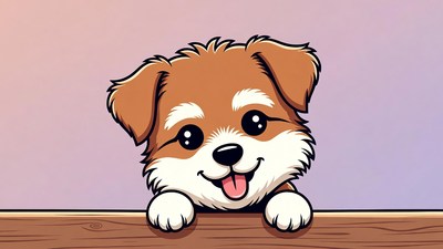 Cute puppy peeking over wooden fence