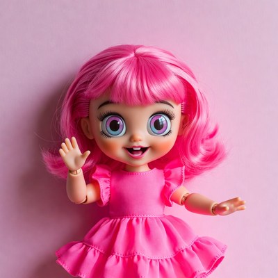 Pink-haired doll waving hello