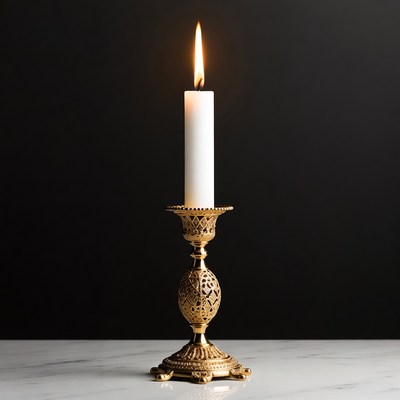 Lit White Candle on Gold Candlestick