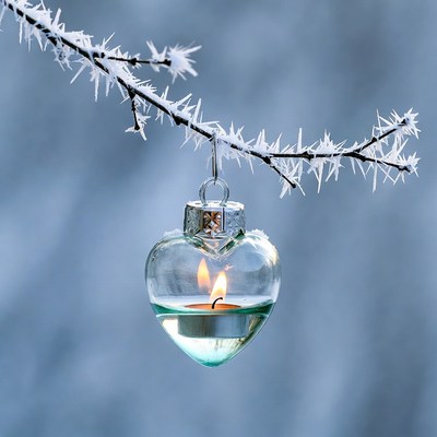 Heart Candle Ornament on Frosty Branch