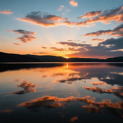 Sunset over mountain lake reflection