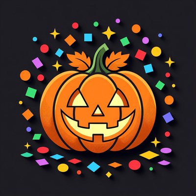 Smiling Jack-o'-lantern with colorful confetti