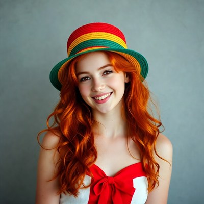 Redhead woman wearing colorful striped hat