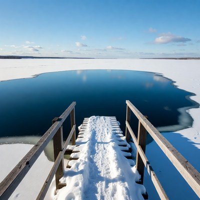 Wooden pier over frozen lake