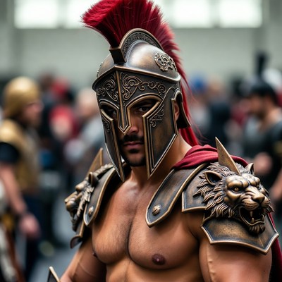 Man in red-crested Spartan helmet