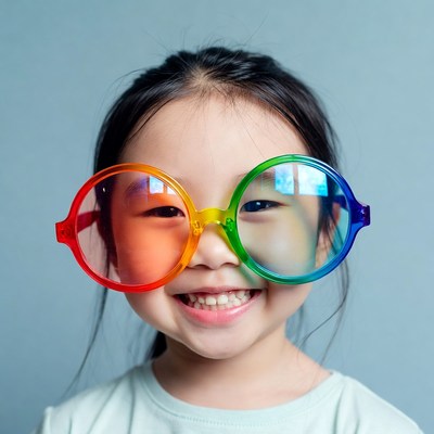 Asian girl wearing rainbow oversized glasses