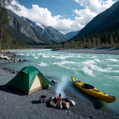 Green tent campfire kayak riverside mountains