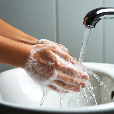 Hands washing with soap under faucet