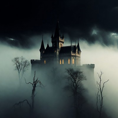 Gothic Castle in Foggy Night
