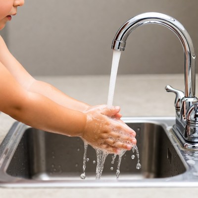 Asian girl washing hands at sink