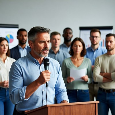 Man speaking at podium with audience