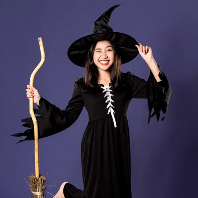 Asian girl in witch costume with broom