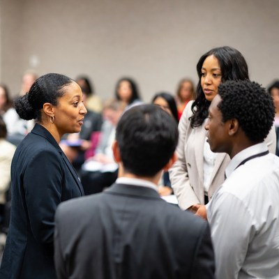 Diverse group conversing at conference