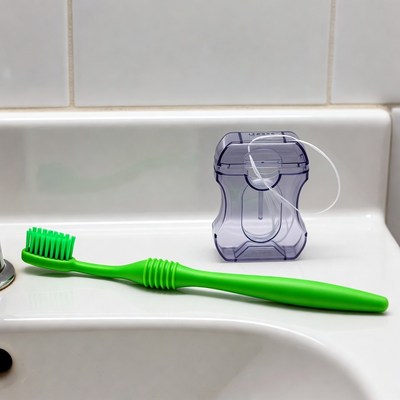 Green toothbrush and floss on bathroom sink