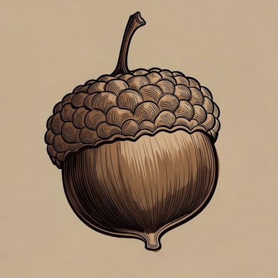 Illustrated Acorn on Beige Background