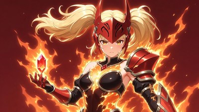 Anime girl in red armor holding fire crystal