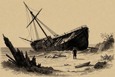 Man standing by shipwreck on beach