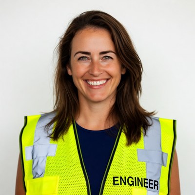 Smiling woman in engineer safety vest