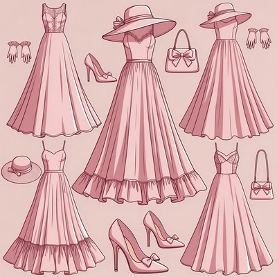 Pink Elegant Dresses and Accessories Illustration
