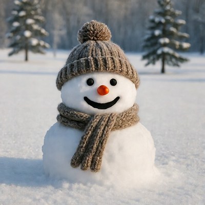 Snowman with hat and scarf in snowy field