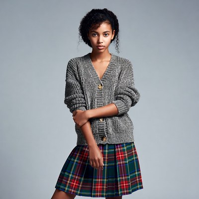 African-American woman in gray cardigan plaid skirt