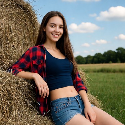 Teen girl leaning on hay bales