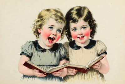 Two girls laughing while reading book