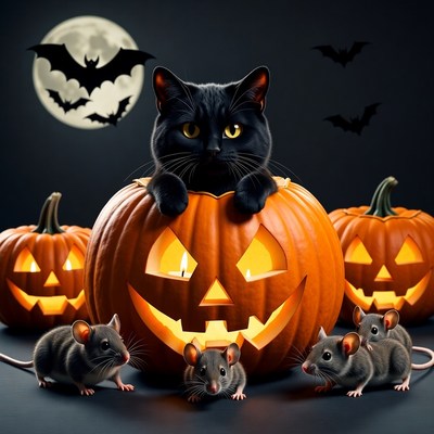 Black Cat with Mice on Halloween Pumpkins