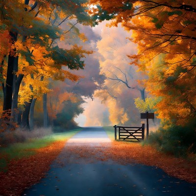 Autumn Path with Wooden Gate