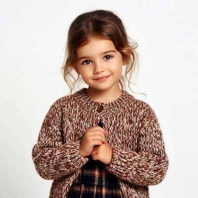 Smiling girl in brown knit cardigan