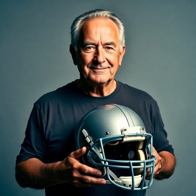 Elderly man holding football helmet