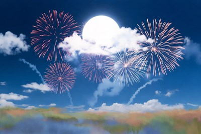 Fireworks and Full Moon Night Sky