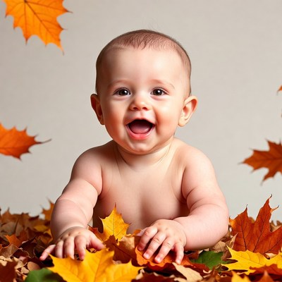 Baby laughing in autumn leaves
