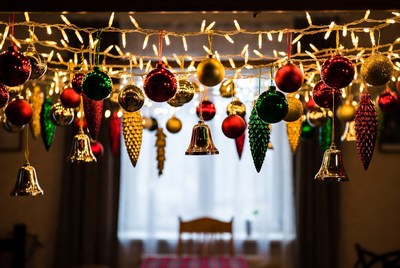 Colorful Christmas Ornaments and Bells Hanging
