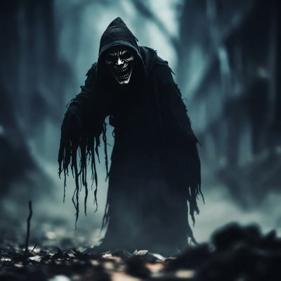 Grim reaper in foggy forest