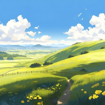 Green Hills with Path and Flowers