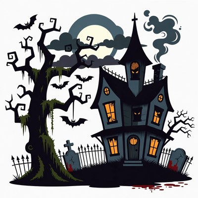 Spooky Haunted House with Bats