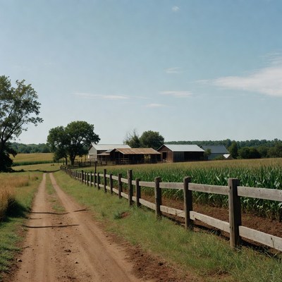 Rural Farm Dirt Road with Barns